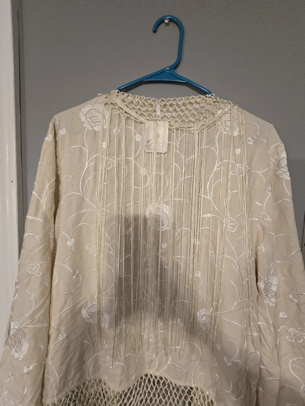 Beige Floral Embroidered Fringe Kimono Jacket